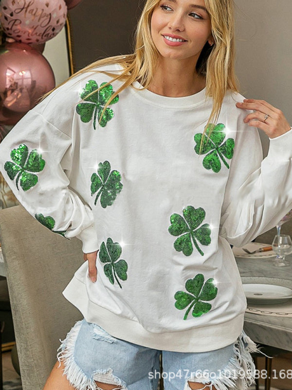 Women's orchid St. Patrick's four-leaf clover sequined casual sweatshirt