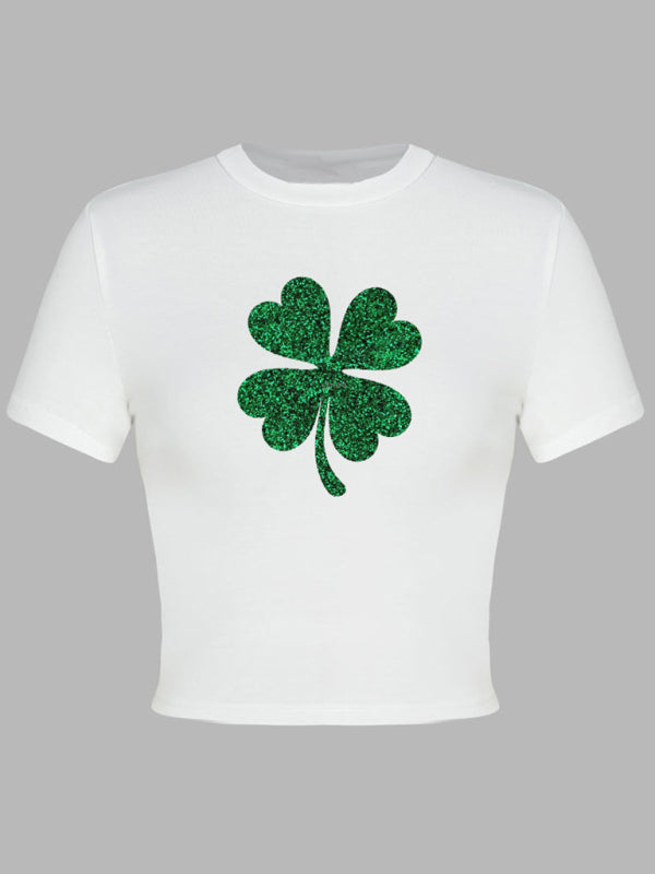 Women's St. Patrick's Day Green Leaf Print Round Neck Short T-Shirt (Multiple Pictures Available)