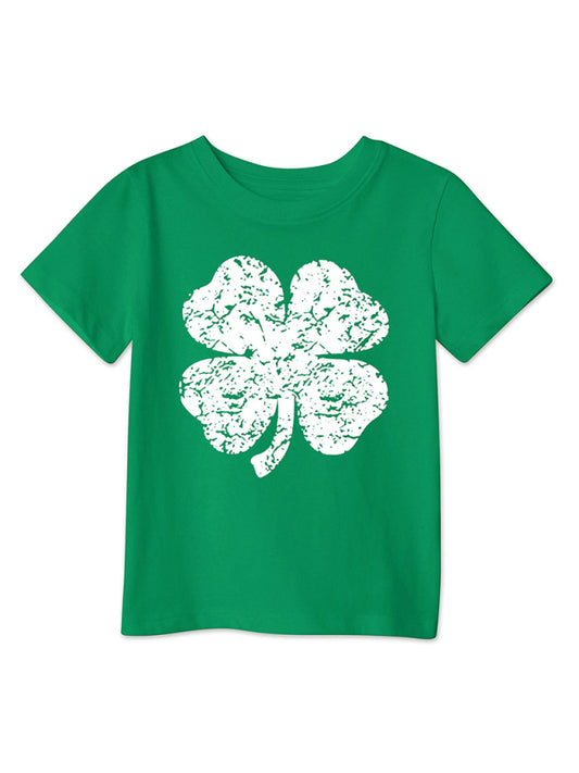 New style green clover printed loose pullover short-sleeved T-shirt for boys and girls
