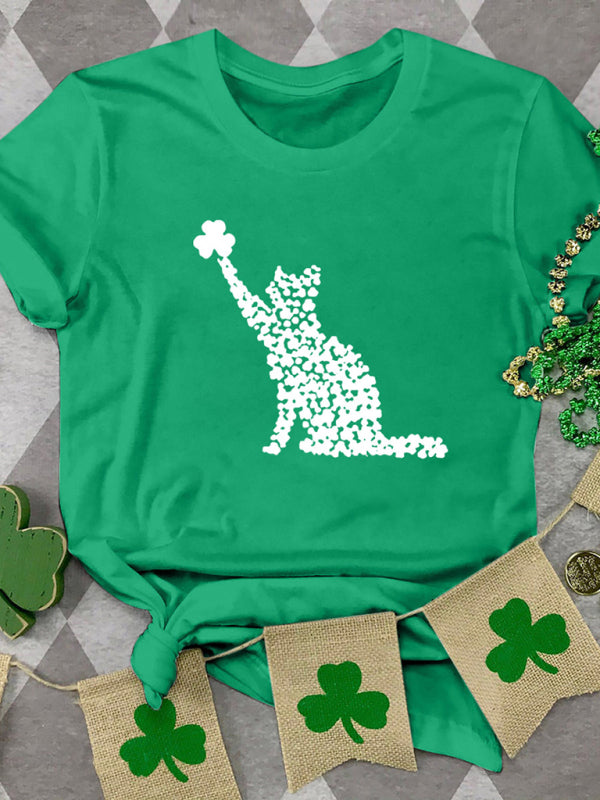 New women's T-shirt cat clover print short-sleeved T-shirt