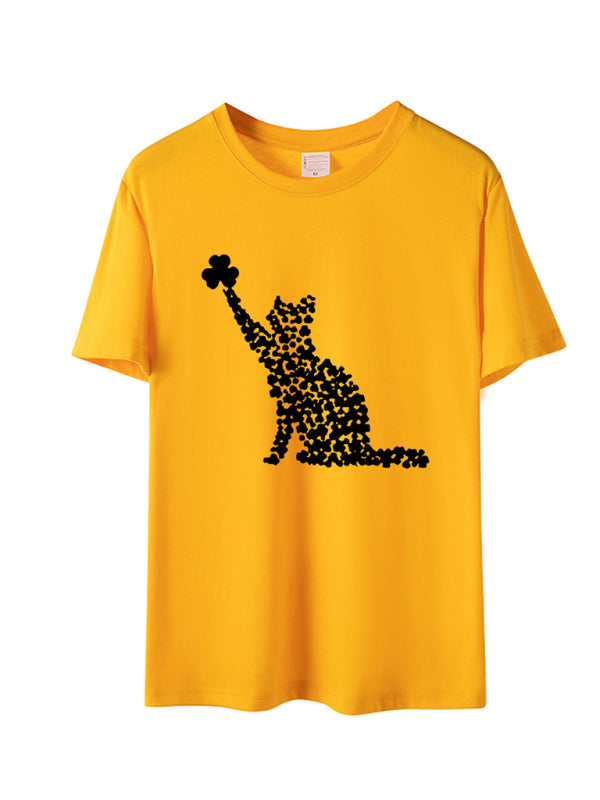 New women's T-shirt cat clover print short-sleeved T-shirt