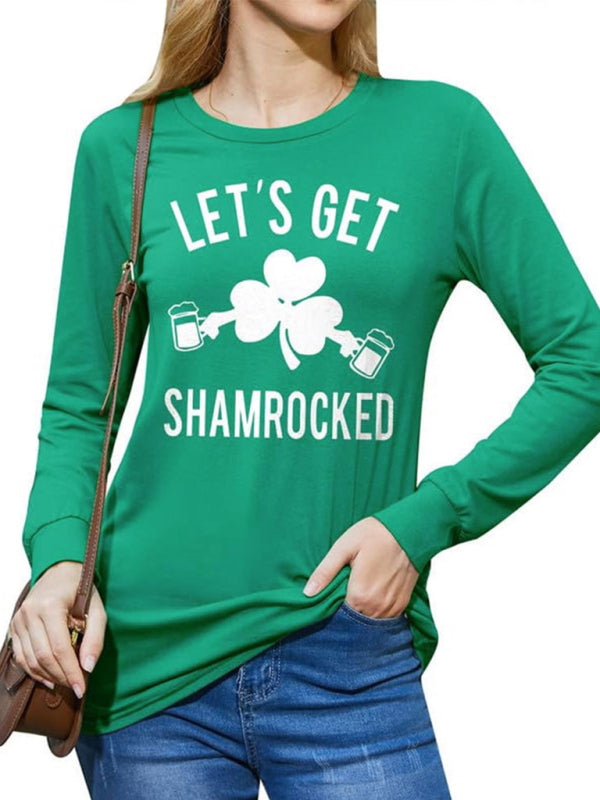 Women's Green Clover Print Long Sleeve Crew Neck Knitted Top