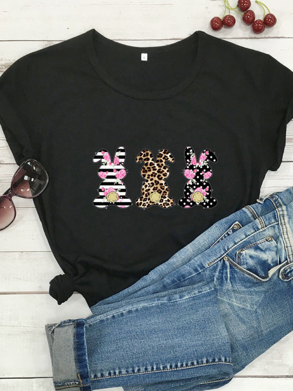 Women's Easter Leopard Print Floral Bunny Color Print T-Shirt