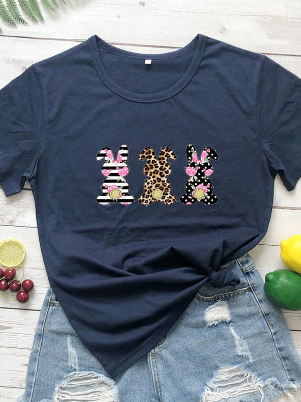 Women's Easter Leopard Print Floral Bunny Color Print T-Shirt