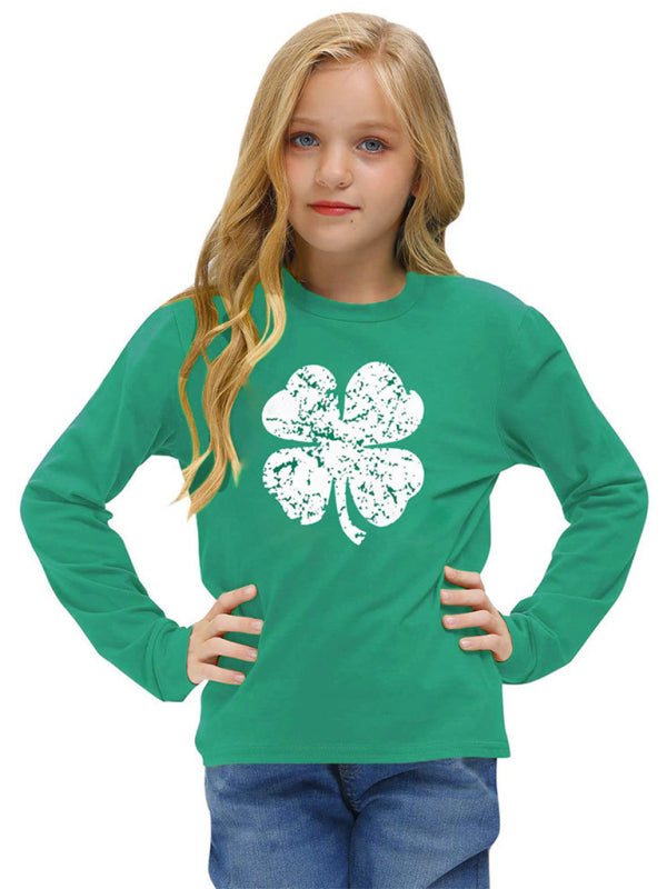 New children's green clover printed long-sleeved knitted round neck sweatshirt