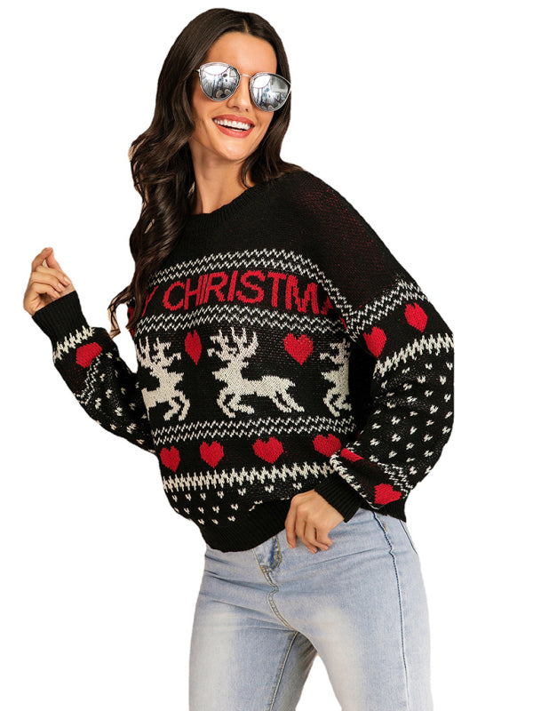 Women's Christmas Reindeer Contrast Crew Neck Jacquard Knit Sweater