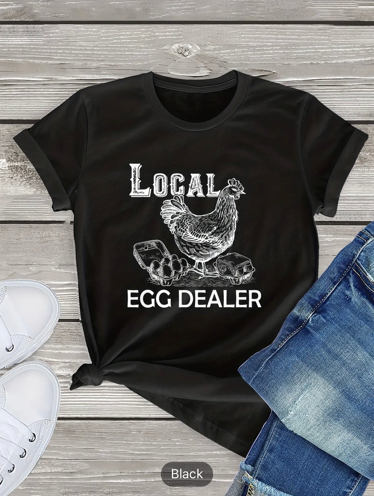 Chicken & Letter Print T-shirt, Casual Crew Neck Short Sleeve T-shirt, Women's Clothing