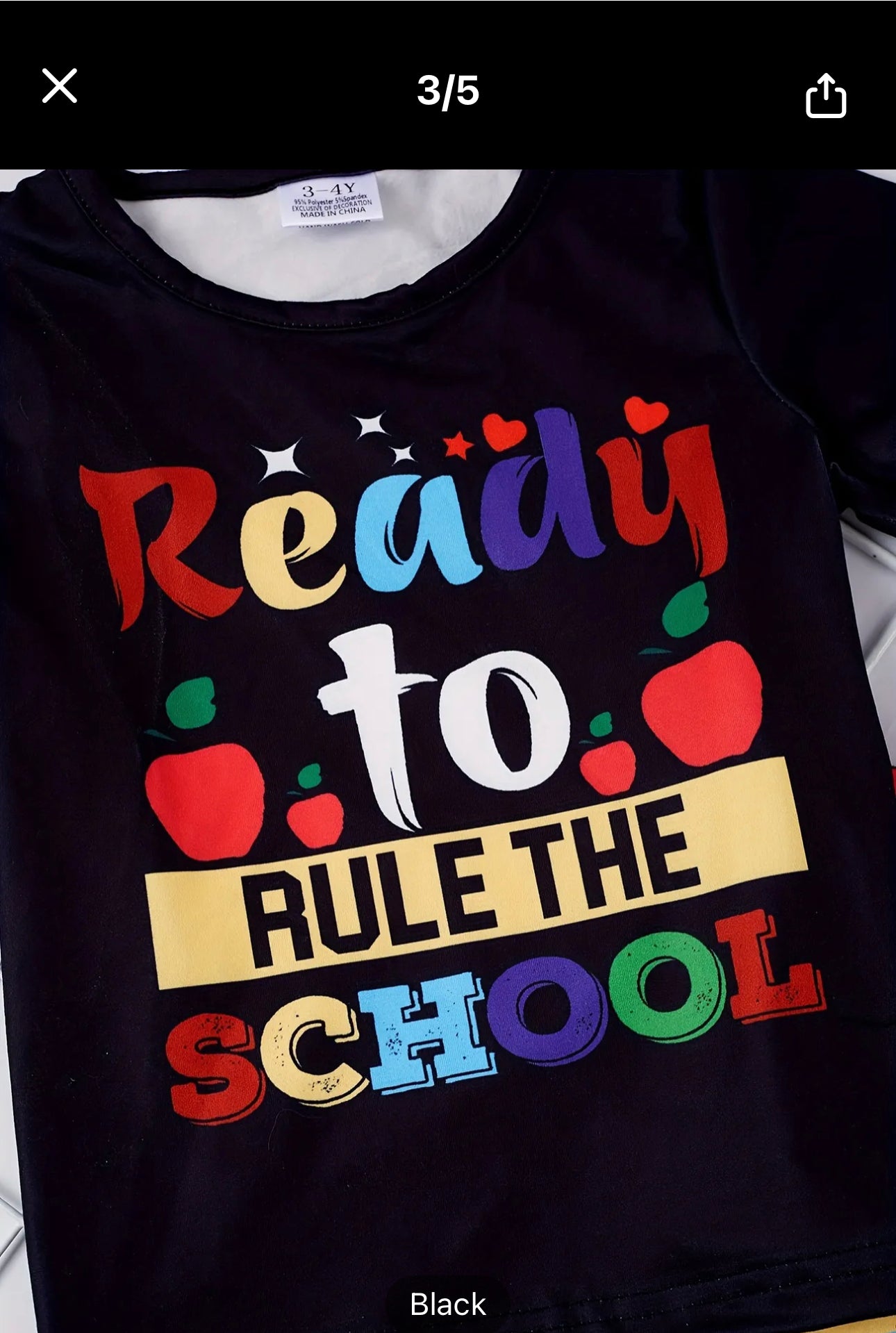 2pcs Toddler Girls Colorful Letter "READY TO RULE THE SCHOOL" Graphic T-Shirt Round Neck Tee Tops & Apple And Learning Stationery Tool Graphic Flare Leg Pants Set Kids Spring Summer Clothes