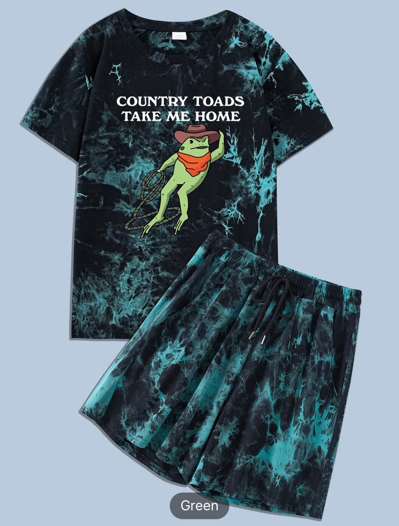 Men's Tie Dye Two-piece Outfits, ''COUNTRY TOADS TAKE ME HOME'' Frog Print T-shirt And Loose Drawstring Shorts For Summer