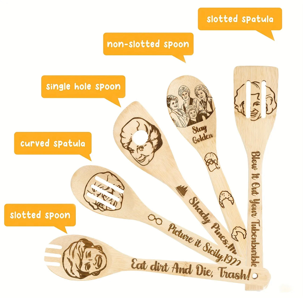 5pcs, Bamboo Ladles, Wooden Spoons Utensils, Bamboo Cooking Utensils Carve Burned Wooden Spoon, Slotted Spatulas, Funny Kitchen Gadgets Non-stick Cookware For Housewarming Gifts, Kitchen Tools, Kitchen Supplies