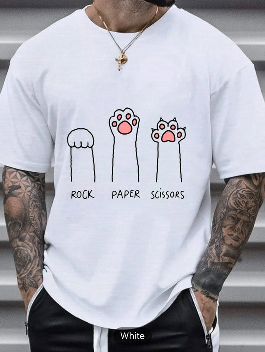 Men's Rock Paper Scissors Graphic Print Casual Trendy Comfortable Crew Neck Short Sleeve T-shirts, Summer Oversized Loose Tees Plus Size