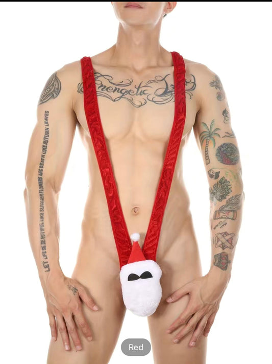 Men's Sexy V Santa Pattern Pouch Shoulder Strap G-strings & Thongs, Men's Bikini, One-piece Stretch Lifting Jockstrap Briefs