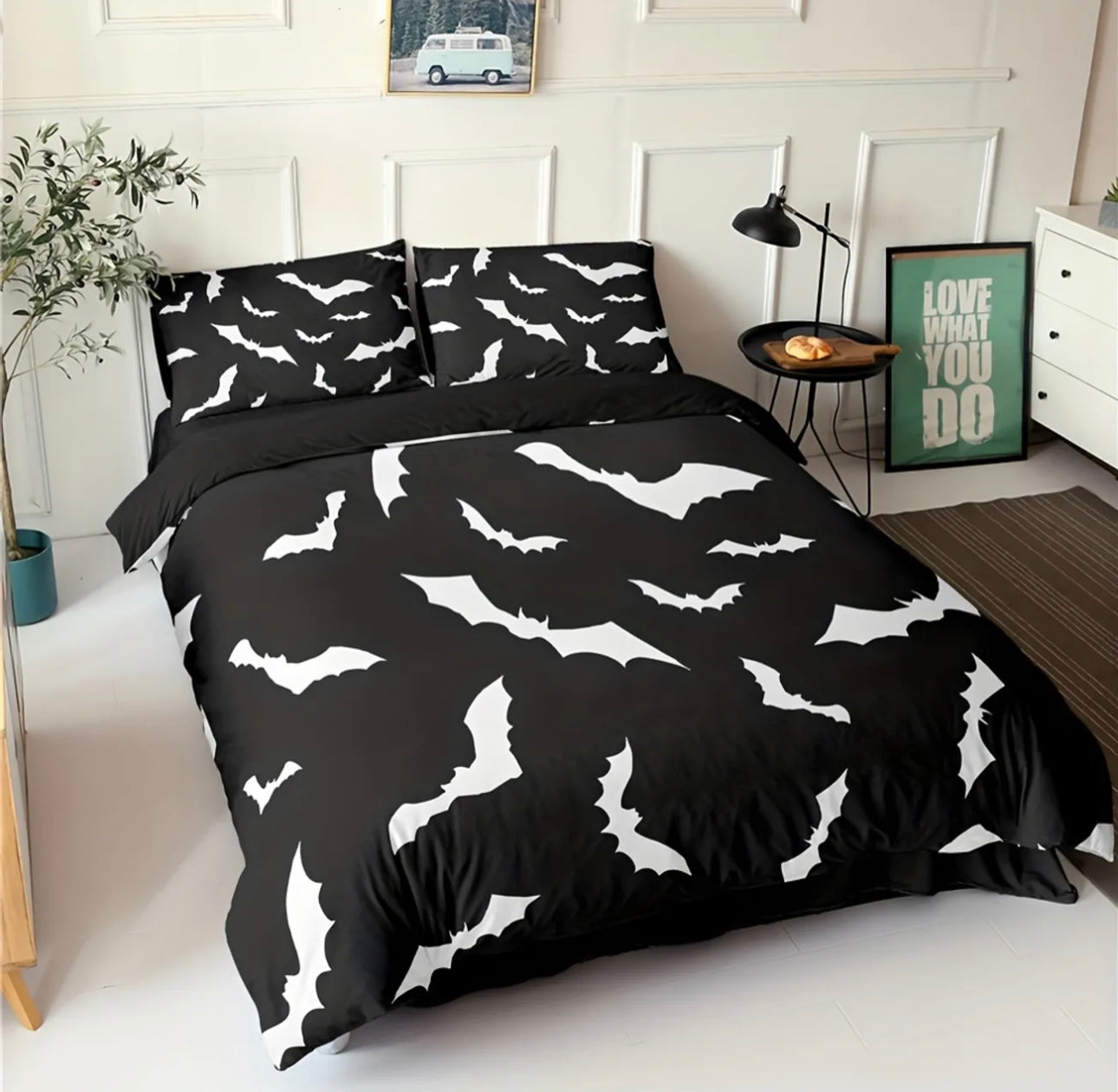 2/3Pcs Flying Bats Printed Duvet Cover Set (1 Duvet Cover + 1/2 Pillowcase), Black White Bedding Sets For Bedroom Dorm Room(No Quilt)