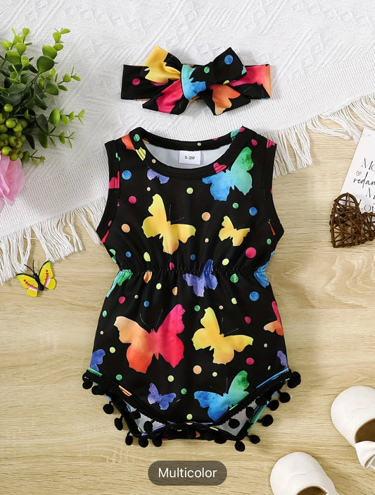 Stylish & Colorful Butterflies Print Outfit - Baby Girls Cute Sleeveless Romper & Headwear 2pcs Set