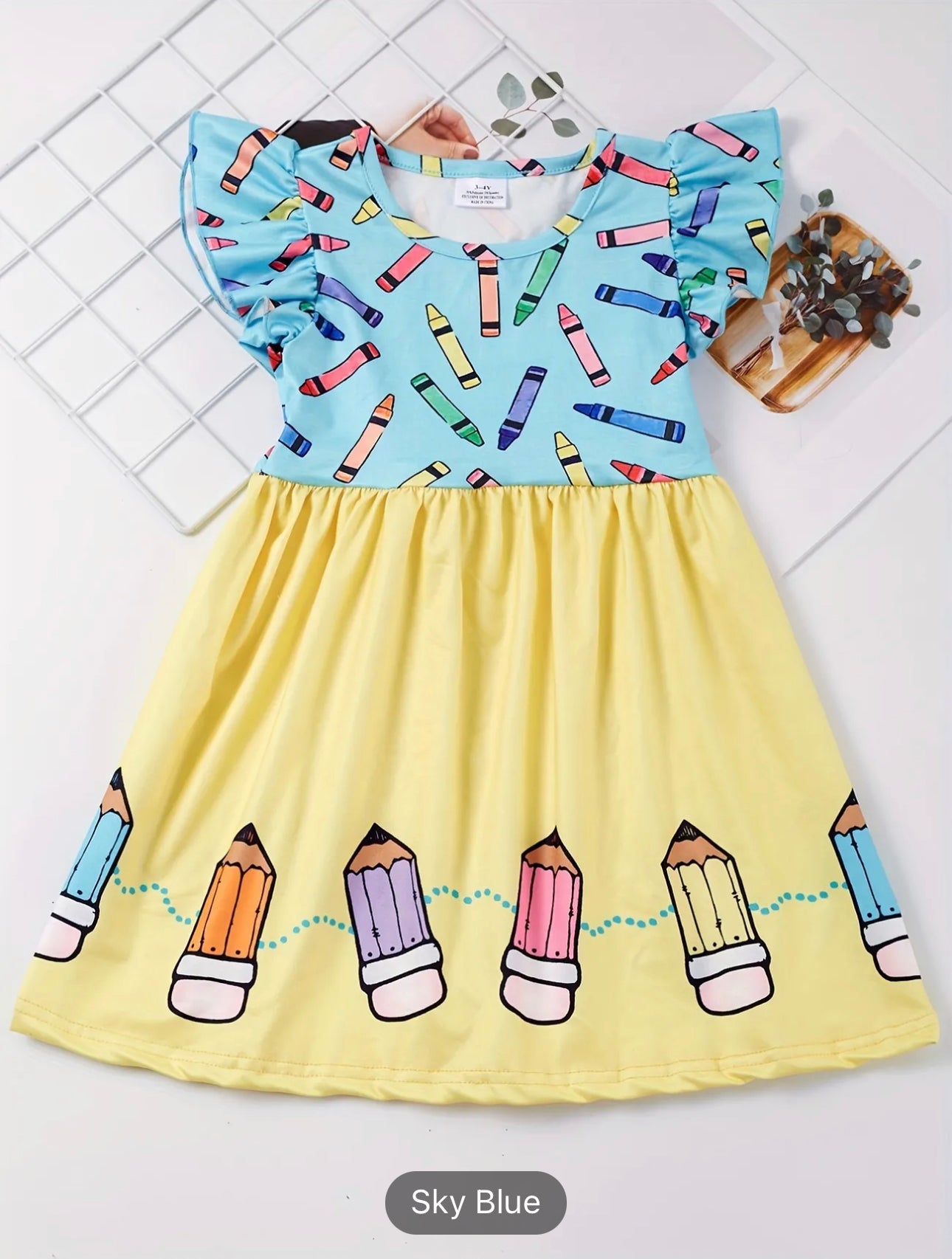 Toddler Girls Ruffle Trim Colorful Crayon Graphic Princess Dress For Back To School Season Party, Cute Kids Summer Clothes