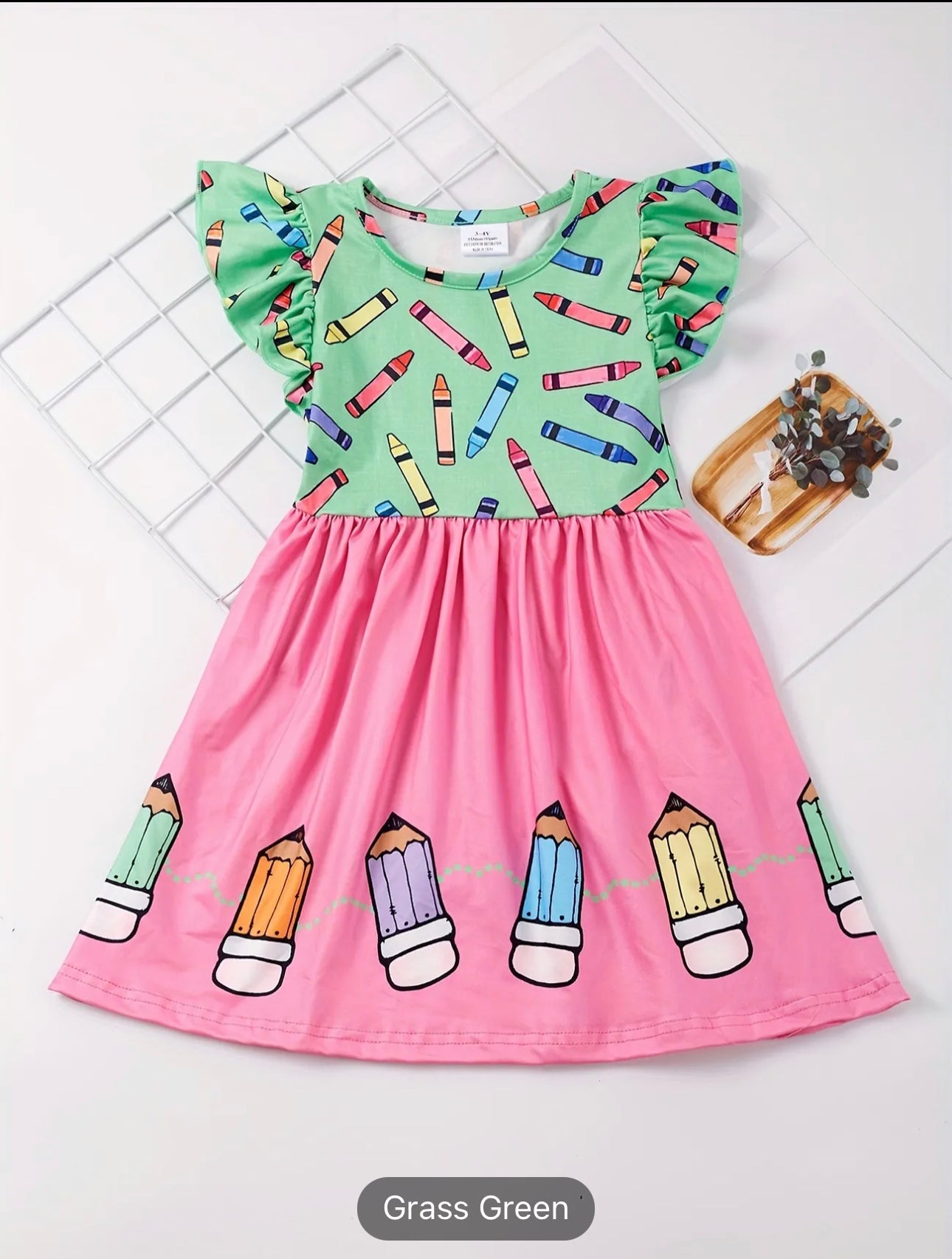 Toddler Girls Ruffle Trim Colorful Crayon Graphic Princess Dress For Back To School Season Party, Cute Kids Summer Clothes