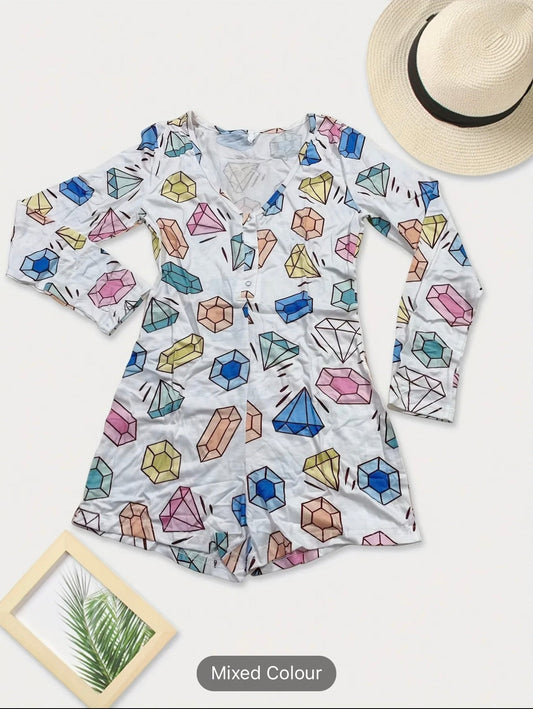 Colorful Diamond Print Romper, Casual & Comfy V Neck Long Sleeve Buttons Pajamas, Women's Lingerie & Sleepwear