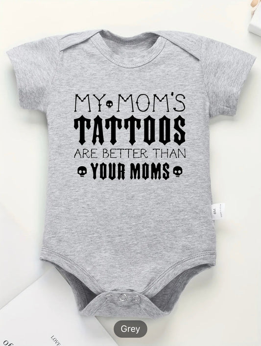 Baby Boys MY MOM'S TATTOOS ARE BETTER THAN MY MOMS Letter Print Casual Short Sleeve Romer, Cotton Round Neck Onesie Clothes For Summer
