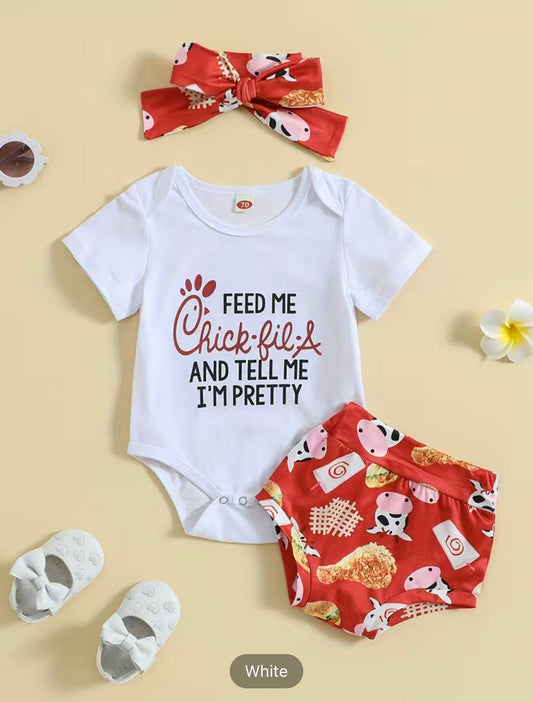 3pcs Baby Girls Cute Letter Graphic Print Short Sleeve Onesie & Cartoon Shorts & Headband Set Clothes