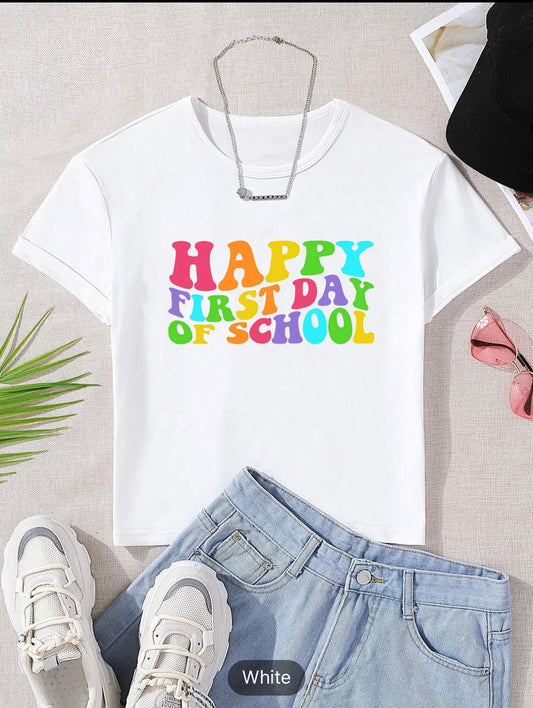 Rainbow Happy First Day Of School Letter Print Boys Creative T-shirt, Casual Lightweight Comfy Short Sleeve Crew Neck Tee Tops, Kids Clothings For Summer
