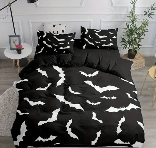 2/3Pcs Flying Bats Printed Duvet Cover Set (1 Duvet Cover + 1/2 Pillowcase), Black White Bedding Sets For Bedroom Dorm Room(No Quilt)