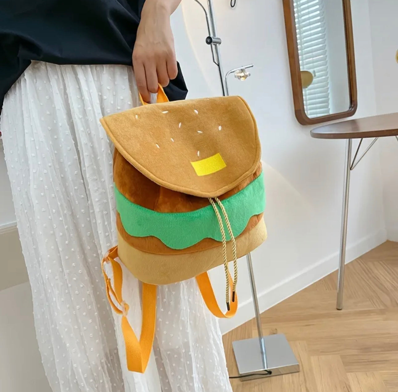 Hamburger Design Backpack Purse, Cute Front Flap Drawstring Bookbag, Cartoon Backpack & Bags