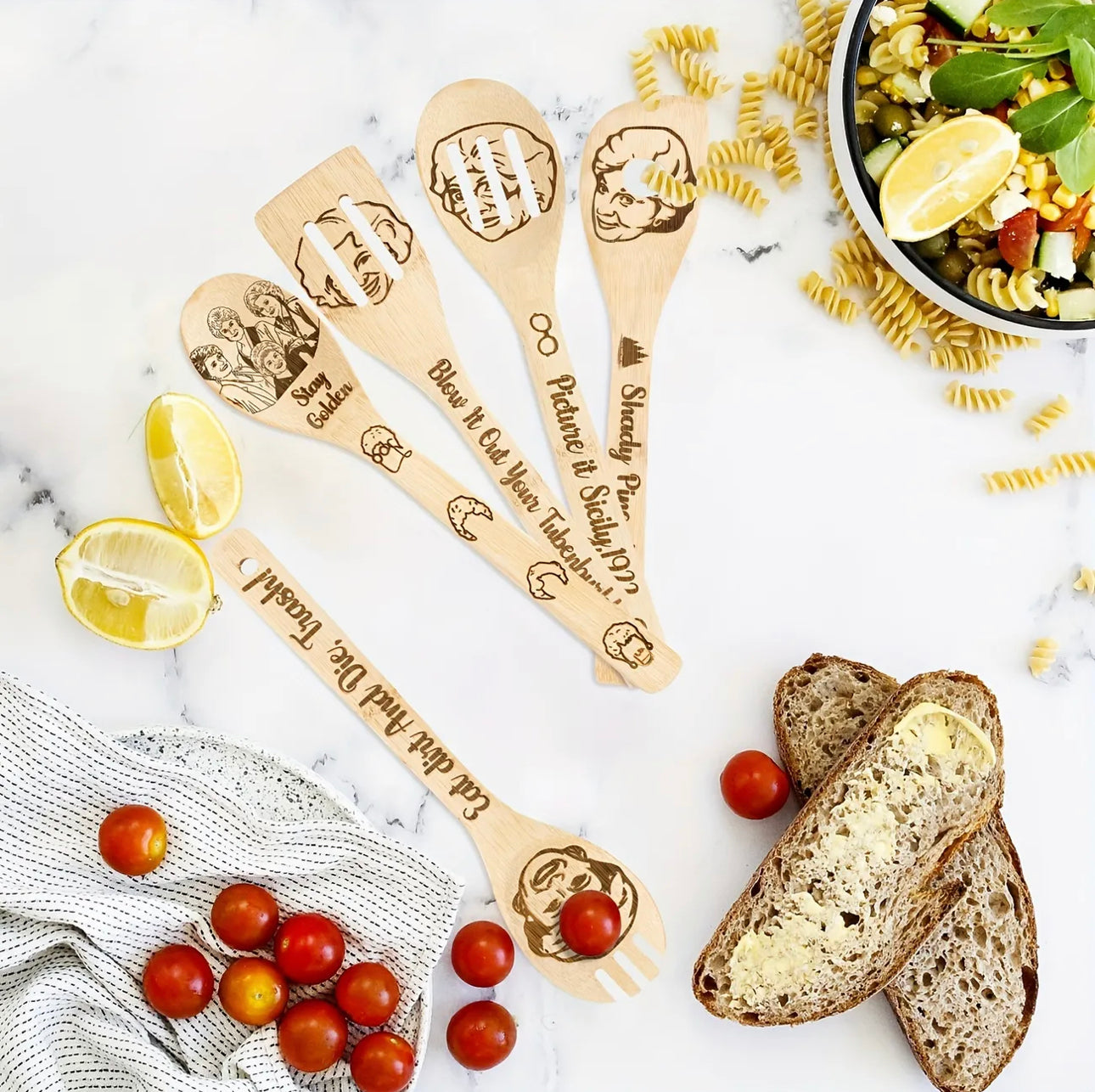 5pcs, Bamboo Ladles, Wooden Spoons Utensils, Bamboo Cooking Utensils Carve Burned Wooden Spoon, Slotted Spatulas, Funny Kitchen Gadgets Non-stick Cookware For Housewarming Gifts, Kitchen Tools, Kitchen Supplies