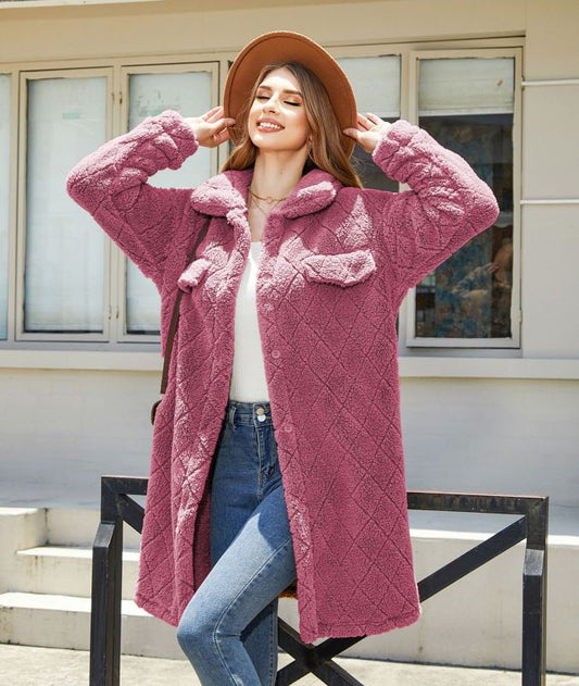 Women's plaid plush button long coat