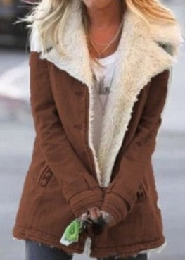 Autumn and winter solid color plush lapel mid-length coat