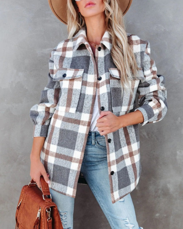 Women's Autumn and Winter Plaid Brushed Lapel Jacket