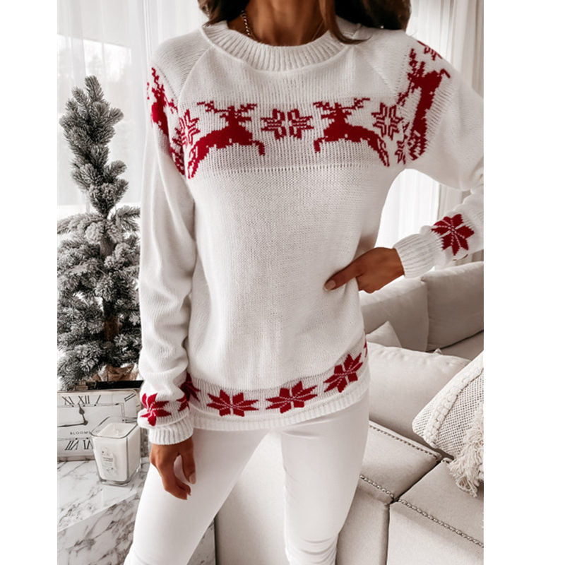 Christmas casual elk partial jacquard women's knitted long-sleeved top