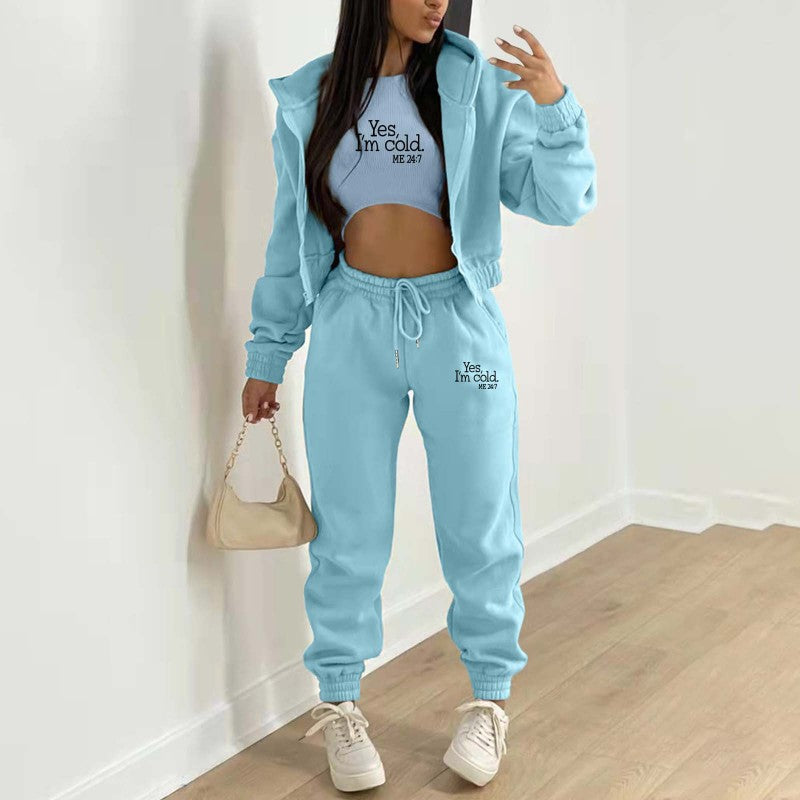 New velvet sweatshirt hooded letter print casual suit (three-piece set)