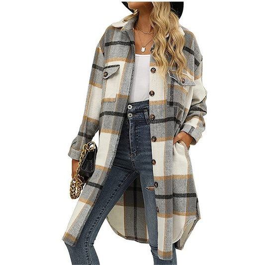 New long plaid lapel buttoned wool casual windbreaker jacket